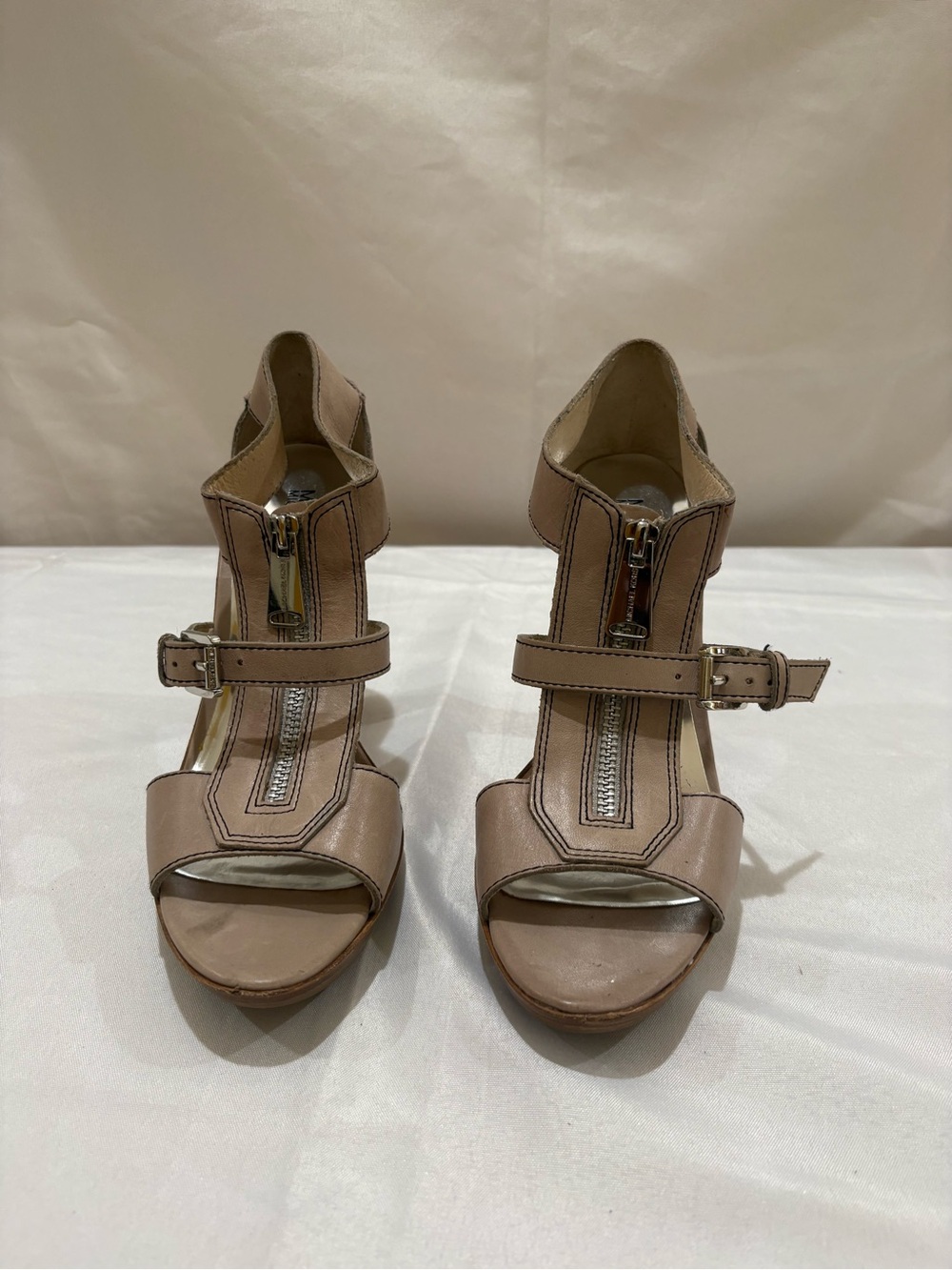Michael Kors Tan Leather Peep-Toe Heels with Front Zipper 9M